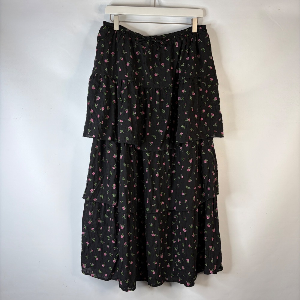 Hyfve Maxi Skirt Womens Large Black Pink Floral Tiered Boho Ruffle Romantic